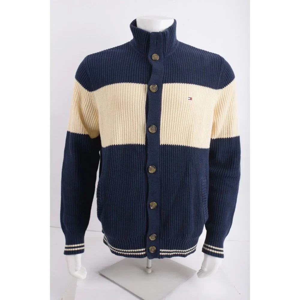 Tommy Hilfiger Mens Cardigan Sweater Button Front Size L Navy Blue Ivory Stripe